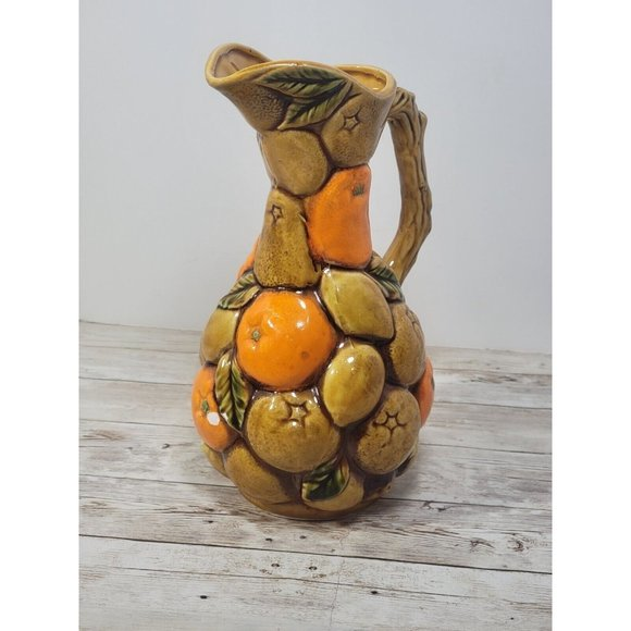 Unmarked Other - vintage Majolica Pitcher tropical w orange lemon-Japan-Inarco MCM Citrus Fruit